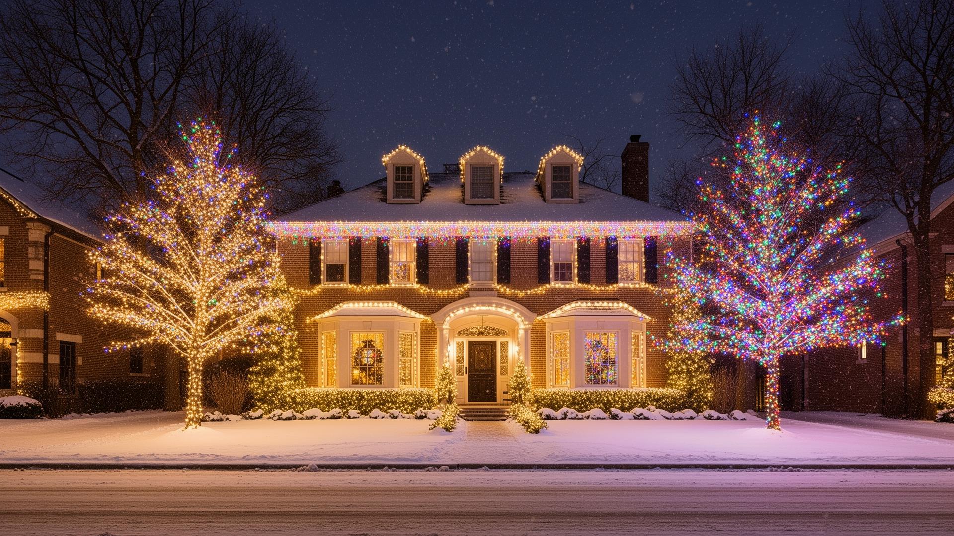 Southwest Chicago suburban home outlined in warm-white holiday roofline lighting