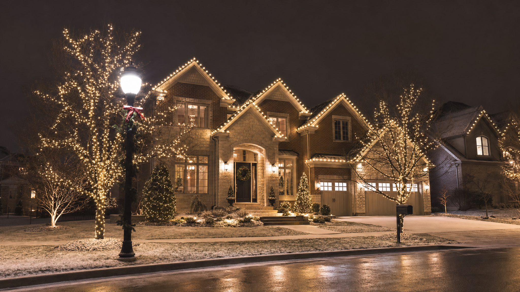 South Chicago home with professional holiday lighting from the street