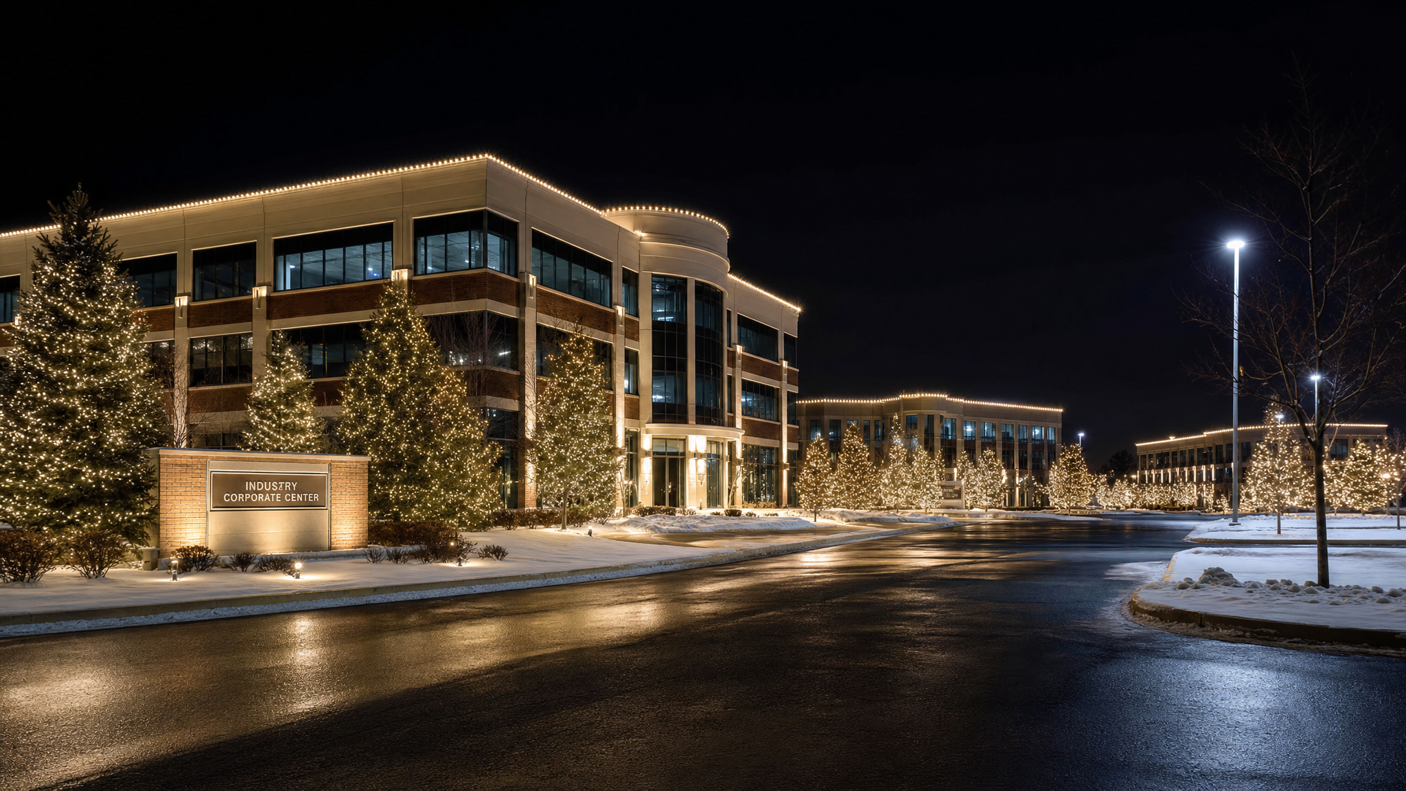 I-355 corridor commercial property with professional holiday lighting display