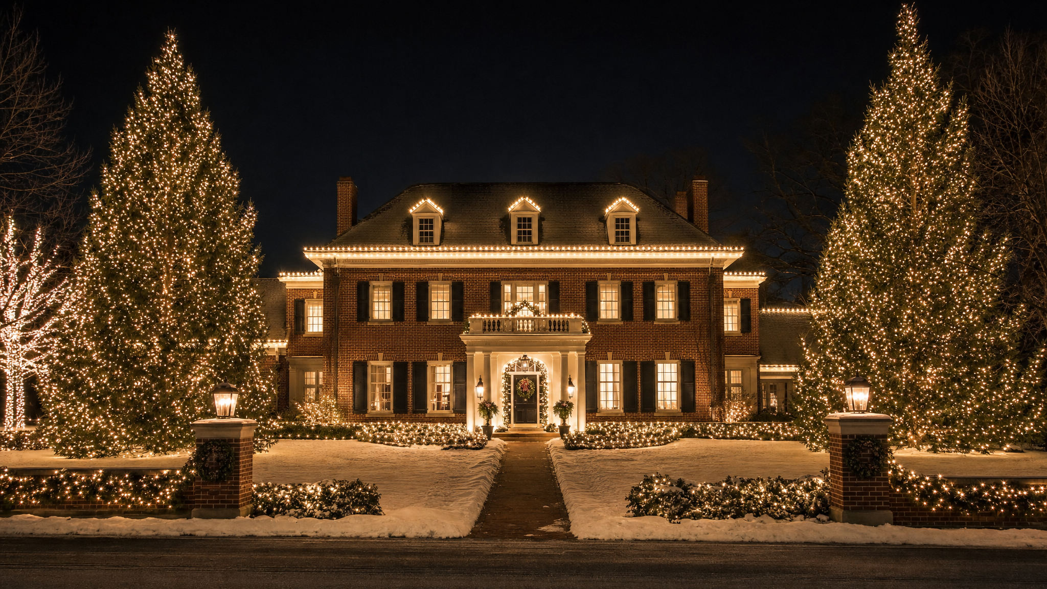 South Chicago home with brilliant holiday roofline lighting on a winter evening