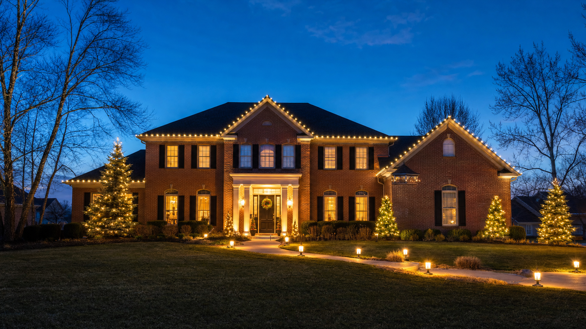 South Chicago suburban home with warm professional roofline lighting at dusk