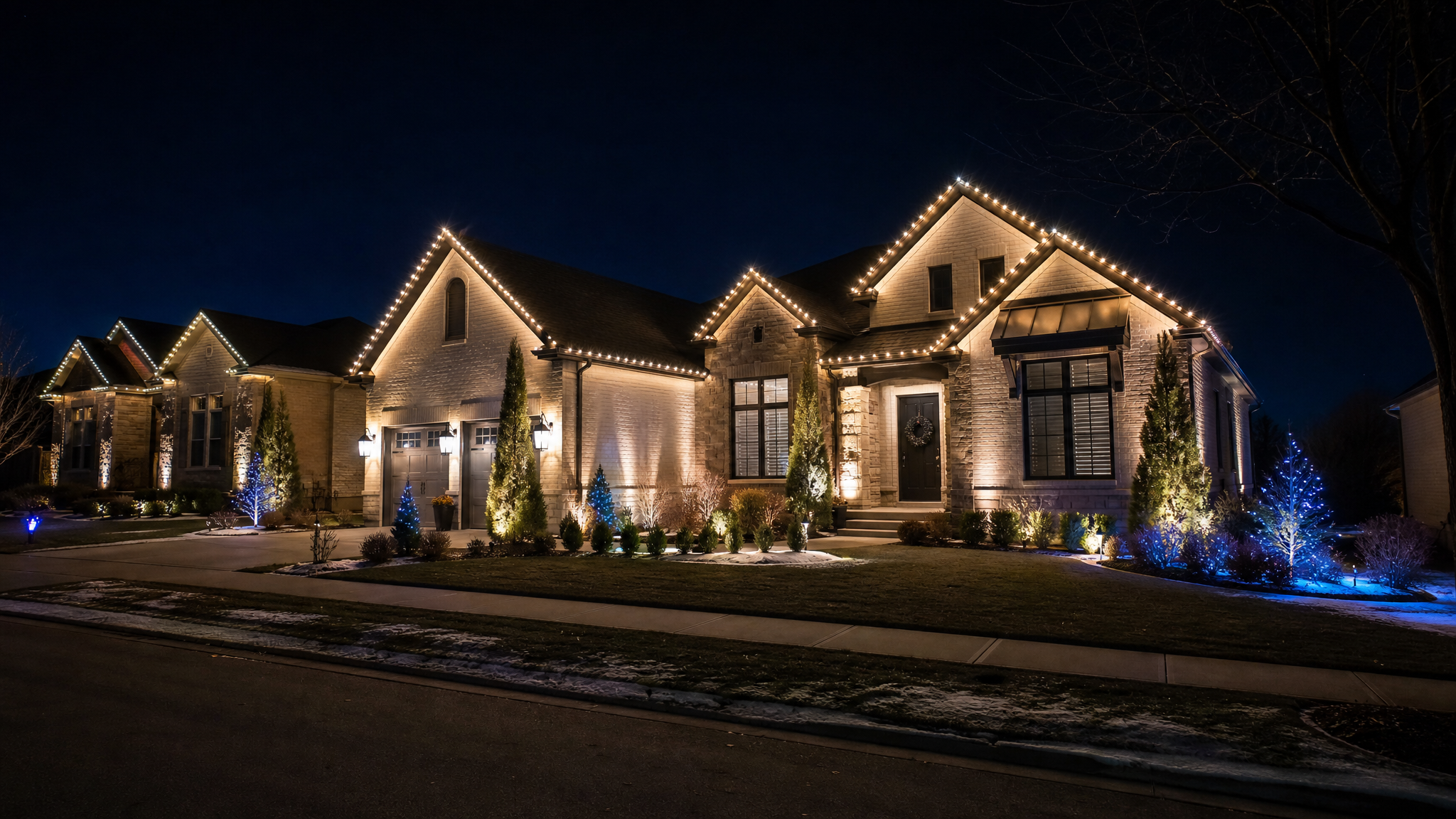 South Chicago Lighting Partners exterior lighting install photographed at blue hour