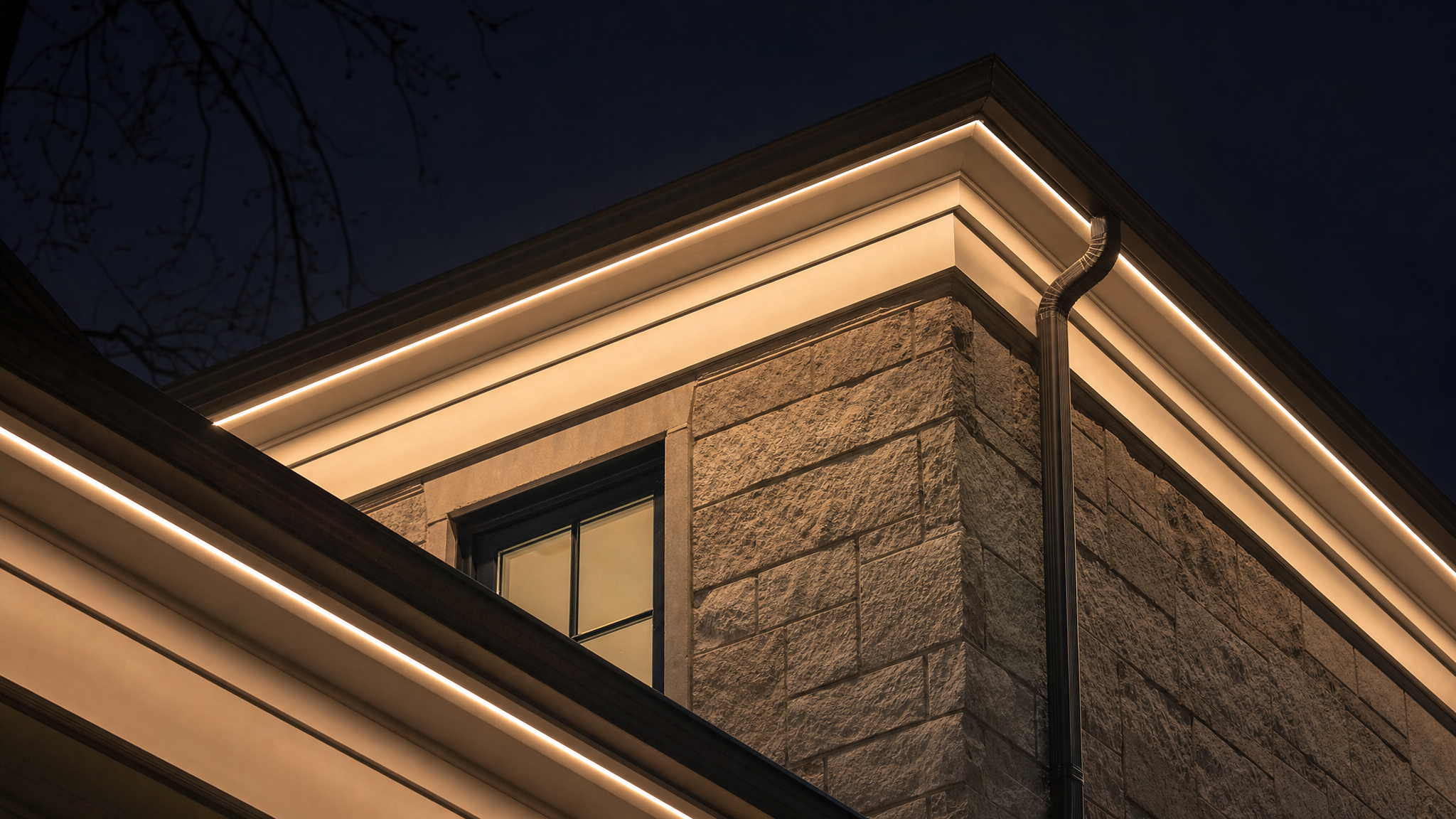 South Chicago home with permanent app-controlled LED channel lighting at night