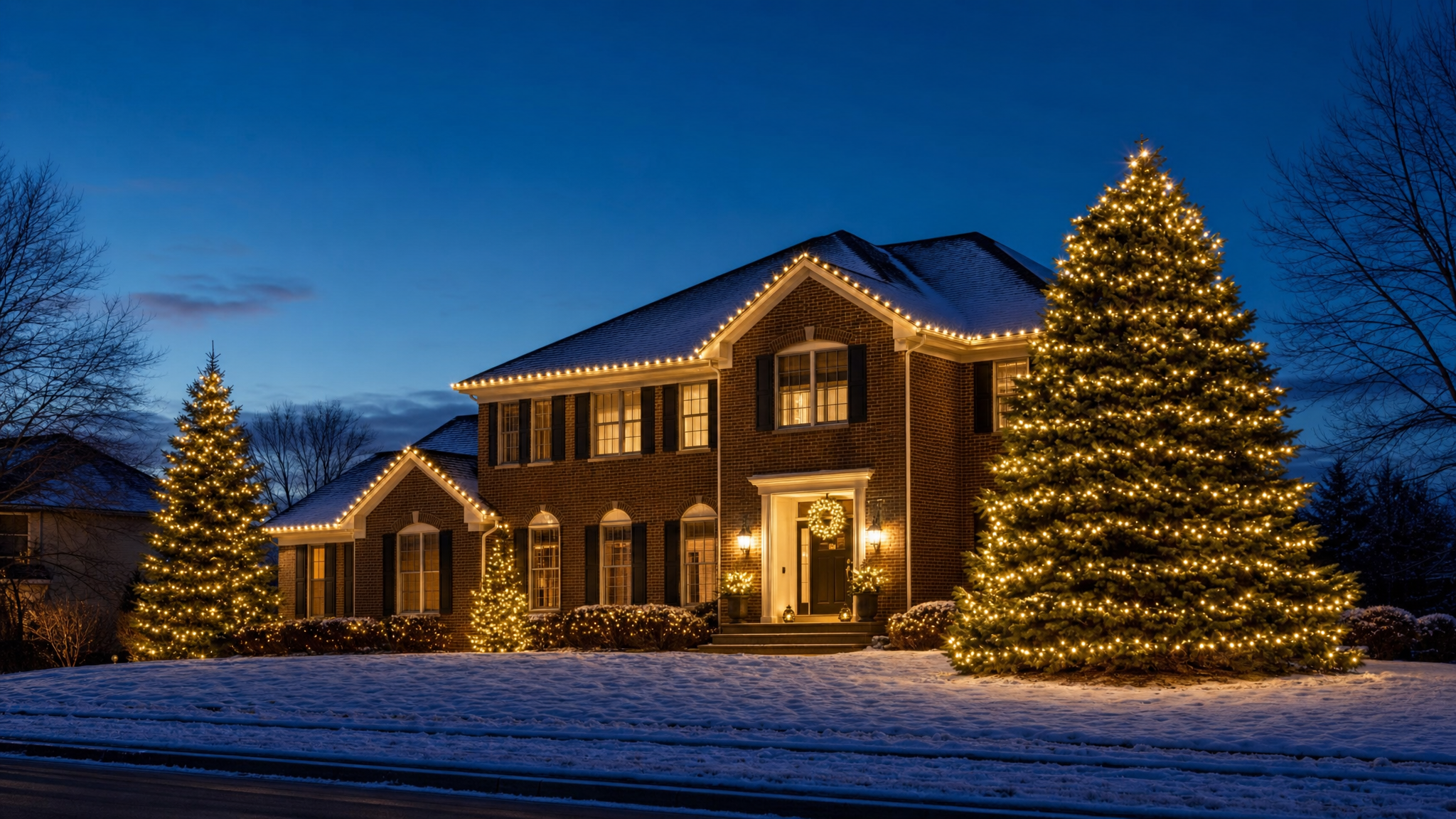 South Chicago suburban home with warm holiday roofline lighting at twilight