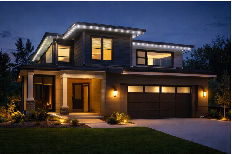 Evening view of a Chicago-area home with lit eaves, columns, and entry accents
